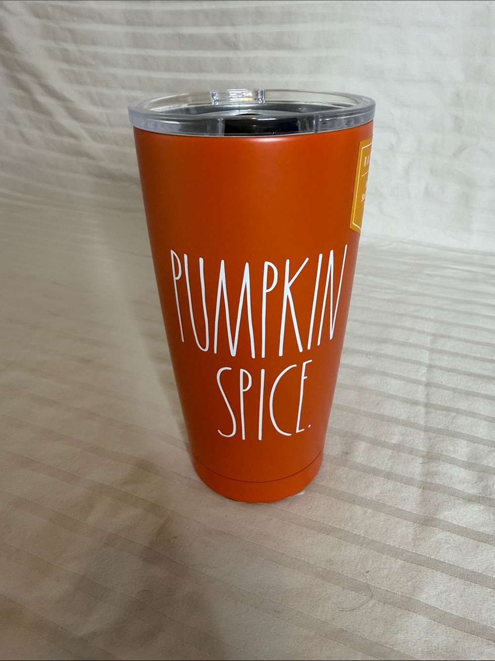 Rae Dunn Pumpkin Spice Tumbler - Orange with White Lettering